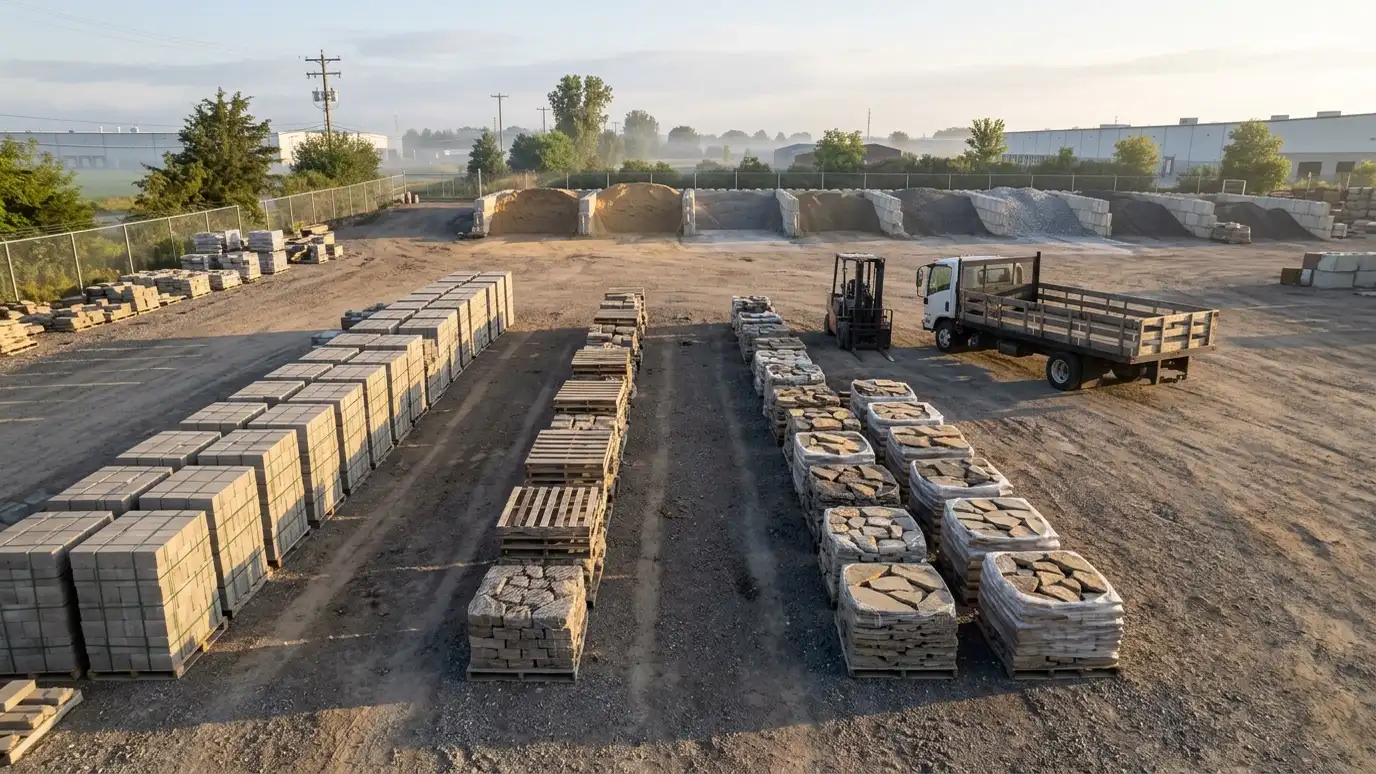 Music City Retaining Walls A tidy contractor material yard with neat pallets of retaining wall block and stone and a flatbed truck in morning light