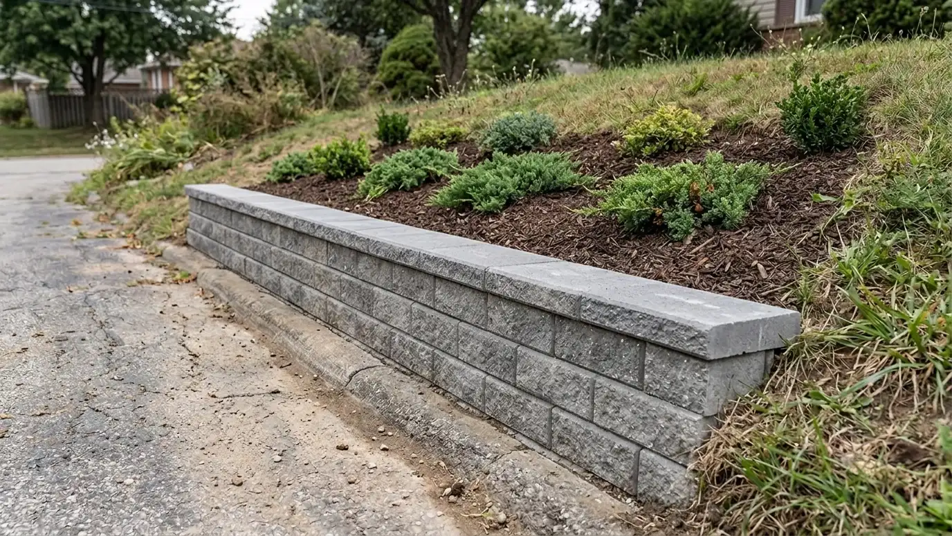 After: A sliding driveway bank held back with a reinforced block wall | Music City Retaining Walls After: a driveway bank with a clean reinforced block retaining wall along the driveway with a cap, a neat edge and planted bed above