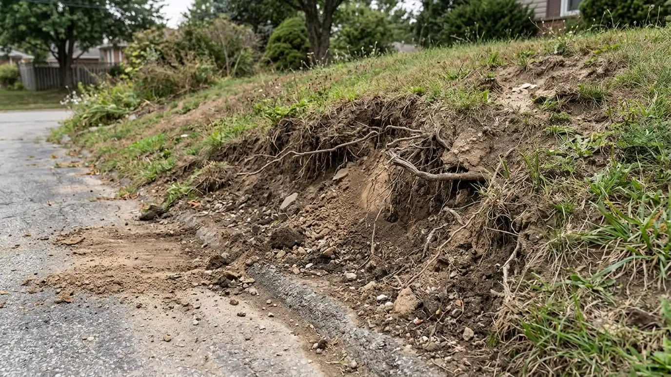Before: a driveway bank with a driveway edge with a crumbling dirt bank, exposed roots and washed-out gravel