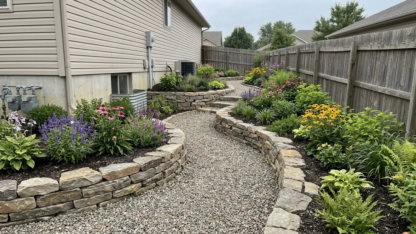 After: A bare sloped side yard turned into stone garden beds with a seat wall | Music City Retaining Walls After: a garden with curved natural stone garden walls with a wide seat cap, mulched beds and young plants