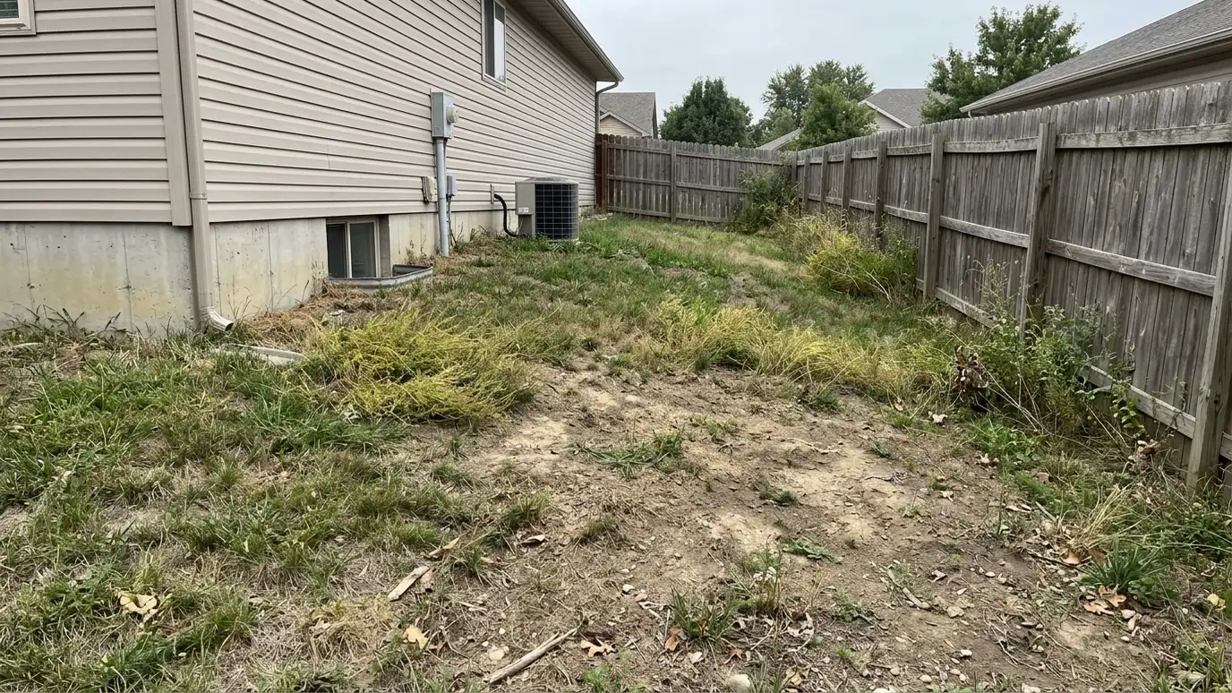 Before: a garden with a sloped side yard with scattered rocks, bare soil and no defined beds