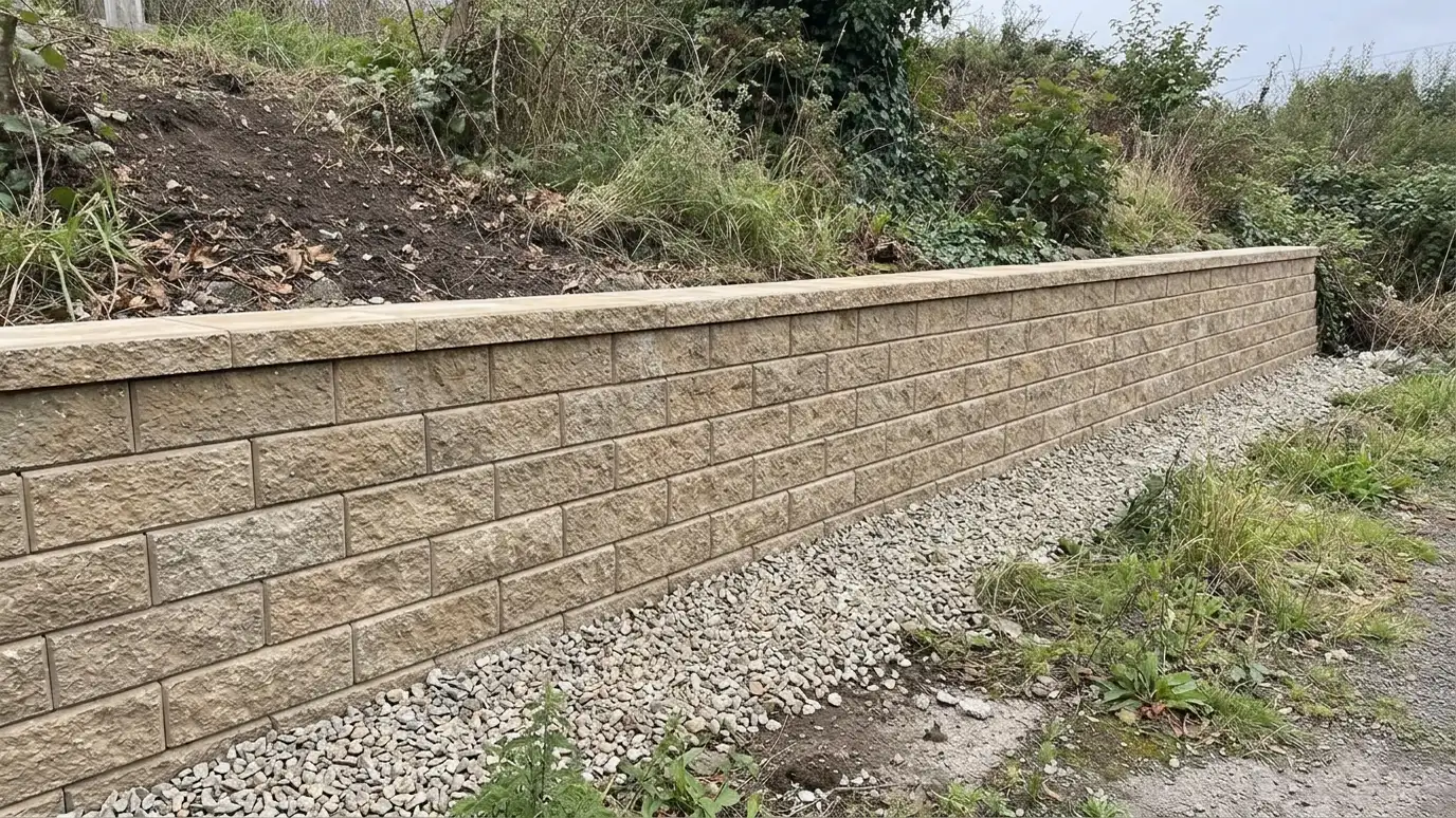 After: A leaning, cracked block wall rebuilt straight with new drainage | Music City Retaining Walls After: a retaining wall with a straight rebuilt block wall with new caps, clean joints, a tidy gravel edge and a visible drain outlet