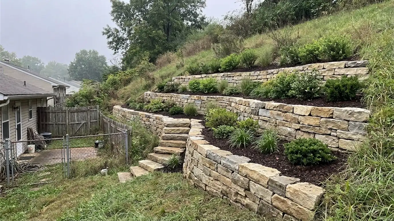 After: A steep, eroding backyard slope turned into flat tiers with stone-faced walls | Music City Retaining Walls After: a backyard slope with a terraced backyard with two segmental block walls, planting shelves, stone steps and a level lawn