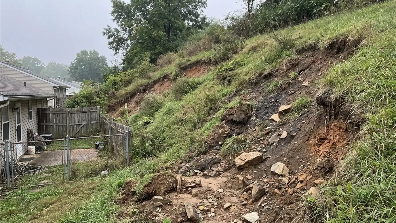 Before: a backyard slope with a steep grass slope behind a house with bare patches, runoff gullies and no usable flat space