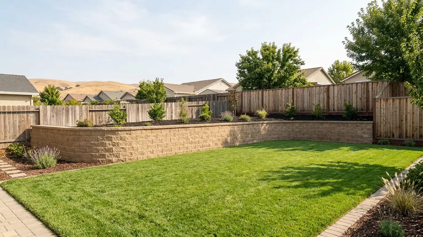 Retaining wall contractor in Antioch, TN A beautiful terraced retaining wall landscape behind a Antioch, Tennessee home with a stone wall, plantings and a green lawn in warm light