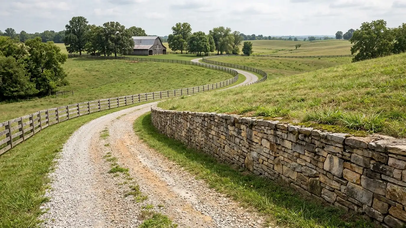 Retaining wall contractor in Arrington, TN A beautiful terraced retaining wall landscape behind a Arrington, Tennessee home with a stone wall, plantings and a green lawn in warm light