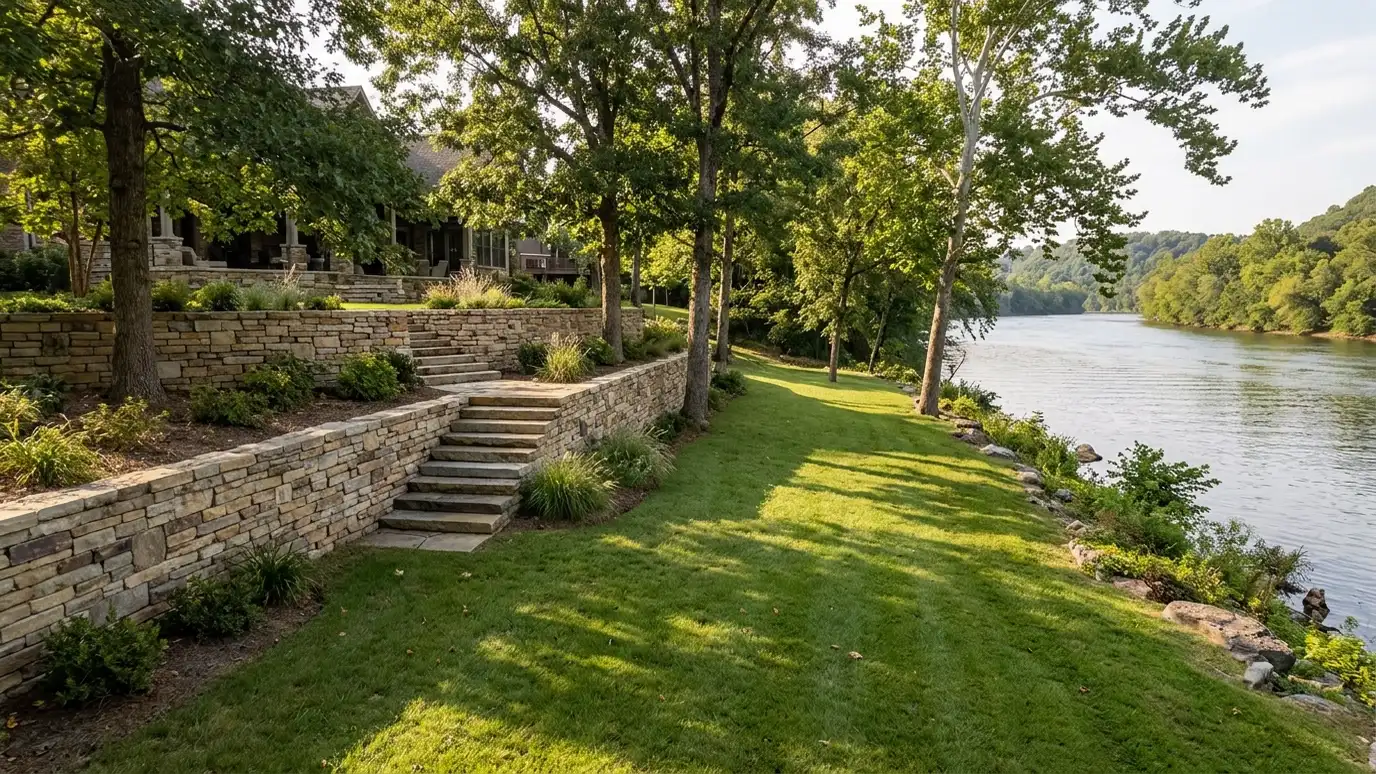 Retaining wall contractor in Ashland City, TN A beautiful terraced retaining wall landscape behind a Ashland City, Tennessee home with a stone wall, plantings and a green lawn in warm light