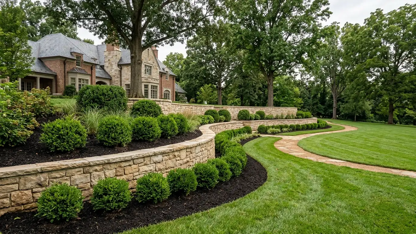 Retaining wall contractor in Belle Meade, TN A beautiful terraced retaining wall landscape behind a Belle Meade, Tennessee home with a stone wall, plantings and a green lawn in warm light