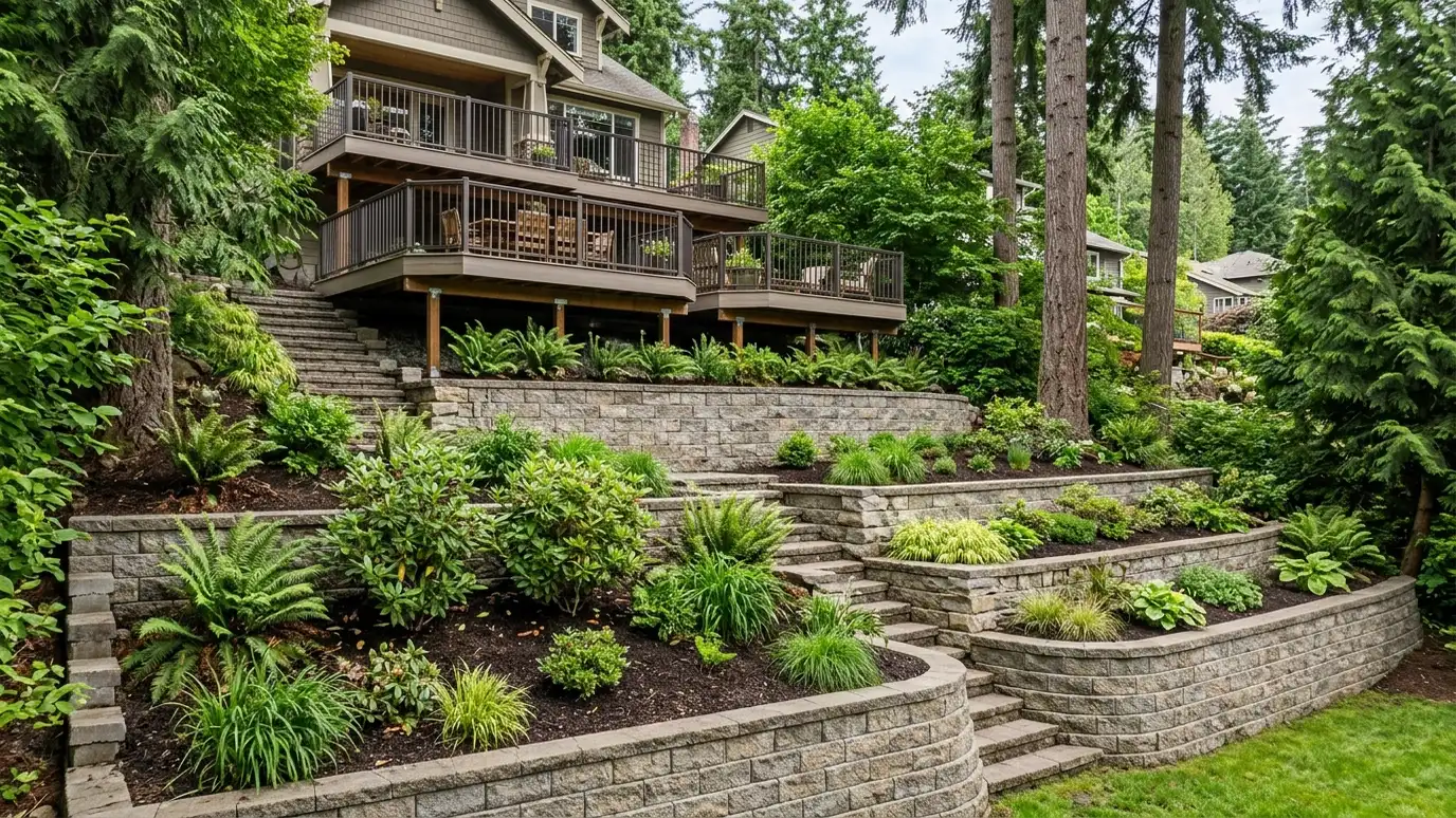 Retaining wall contractor in Bellevue, TN A beautiful terraced retaining wall landscape behind a Bellevue, Tennessee home with a stone wall, plantings and a green lawn in warm light