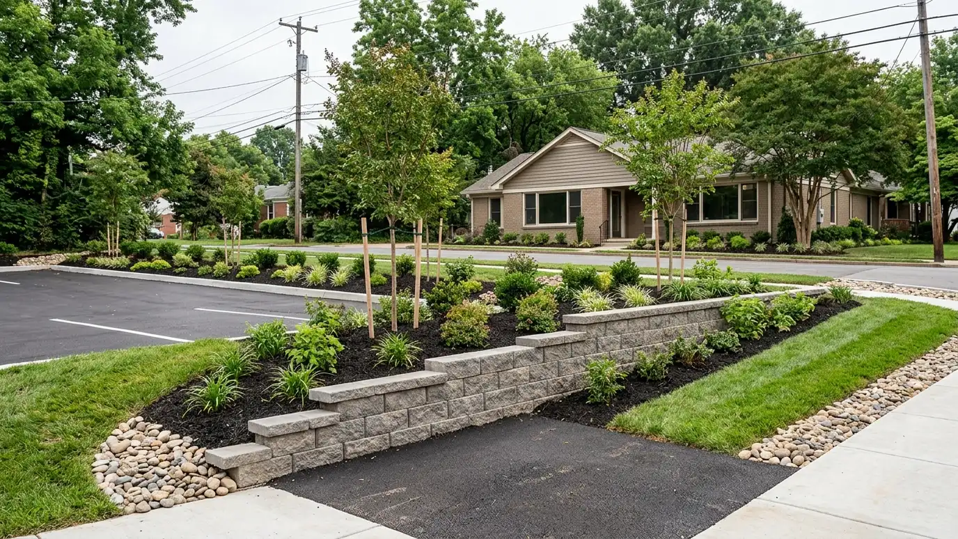 Retaining wall contractor in Berry Hill, TN A beautiful terraced retaining wall landscape behind a Berry Hill, Tennessee home with a stone wall, plantings and a green lawn in warm light