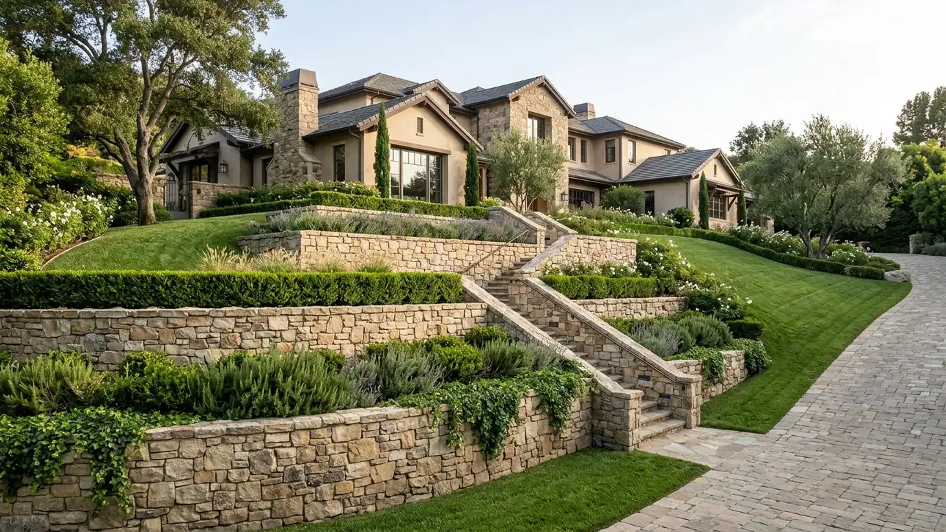A beautiful terraced retaining wall landscape behind a Brentwood, Tennessee home with a stone wall, plantings and a green lawn in warm light