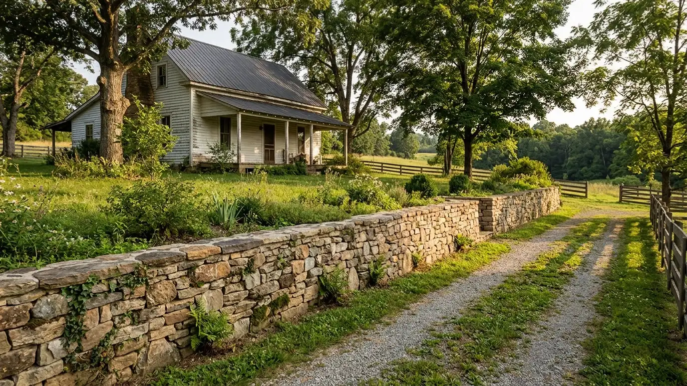 Retaining wall contractor in College Grove, TN A beautiful terraced retaining wall landscape behind a College Grove, Tennessee home with a stone wall, plantings and a green lawn in warm light