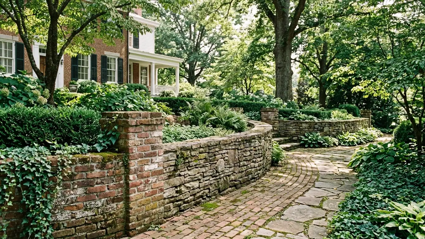 Retaining wall contractor in Columbia, TN A beautiful terraced retaining wall landscape behind a Columbia, Tennessee home with a stone wall, plantings and a green lawn in warm light