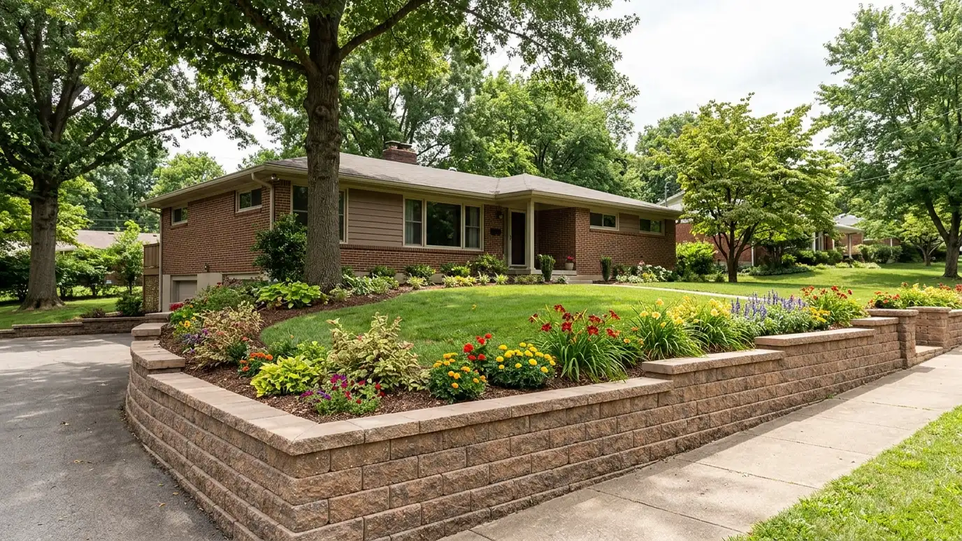 Retaining wall contractor in Donelson, TN A beautiful terraced retaining wall landscape behind a Donelson, Tennessee home with a stone wall, plantings and a green lawn in warm light