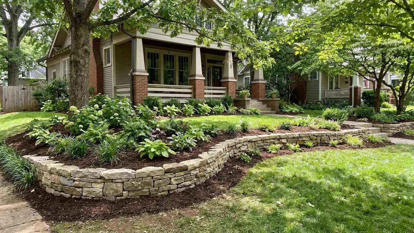 A beautiful terraced retaining wall landscape behind a East Nashville, Tennessee home with a stone wall, plantings and a green lawn in warm light