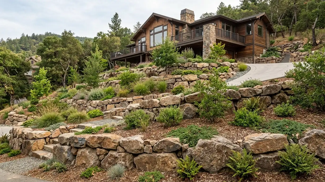 Retaining wall contractor in Fairview, TN A beautiful terraced retaining wall landscape behind a Fairview, Tennessee home with a stone wall, plantings and a green lawn in warm light