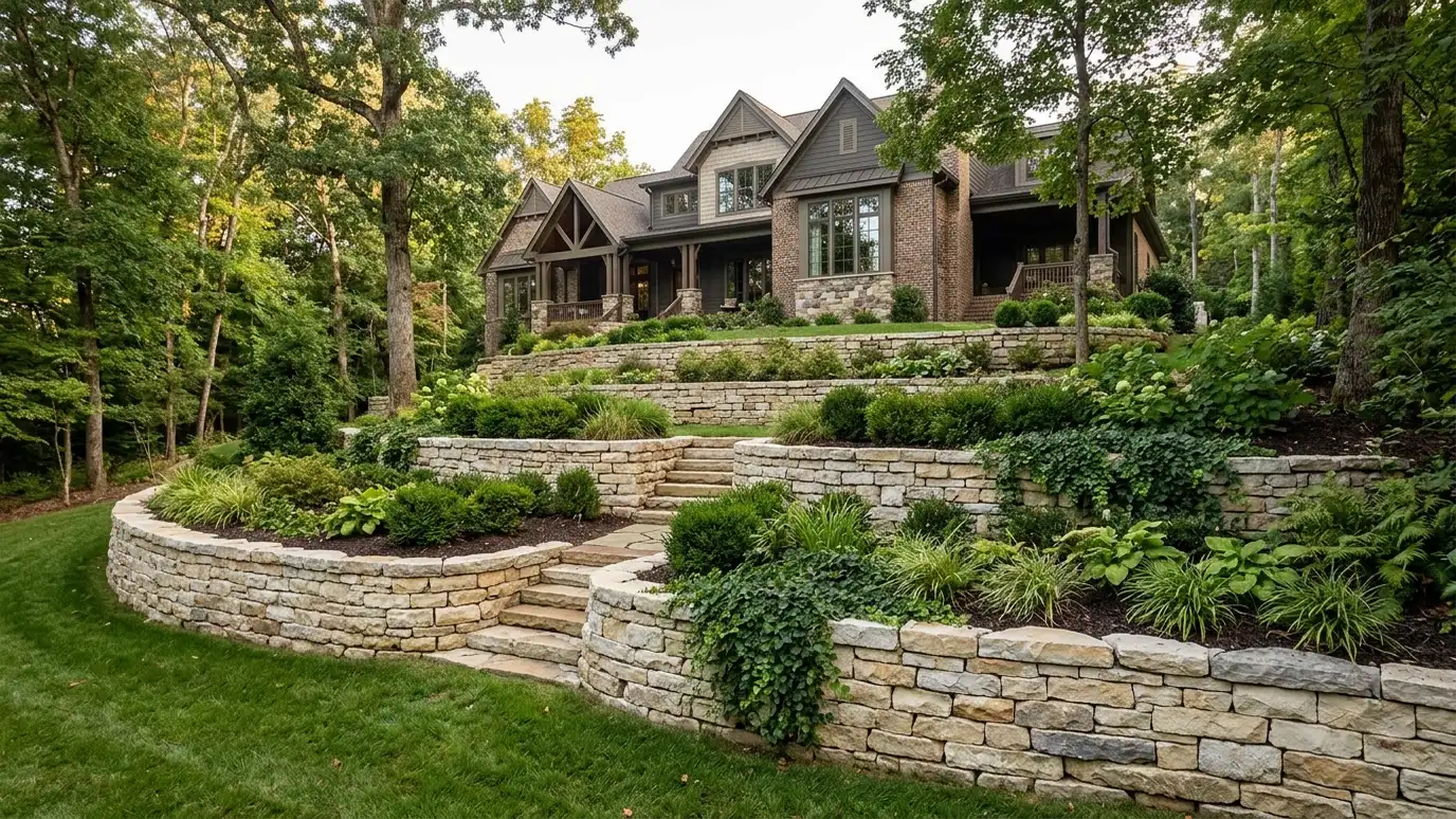 A beautiful terraced retaining wall landscape behind a Franklin, Tennessee home with a stone wall, plantings and a green lawn in warm light