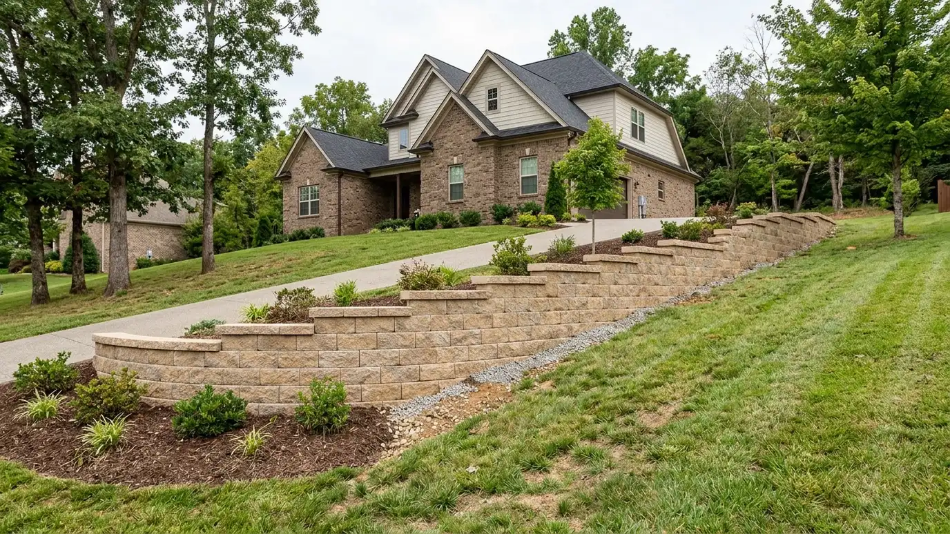 A beautiful terraced retaining wall landscape behind a Gallatin, Tennessee home with a stone wall, plantings and a green lawn in warm light