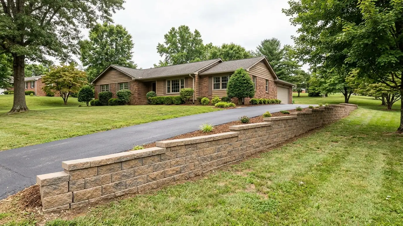 A beautiful terraced retaining wall landscape behind a Goodlettsville, Tennessee home with a stone wall, plantings and a green lawn in warm light
