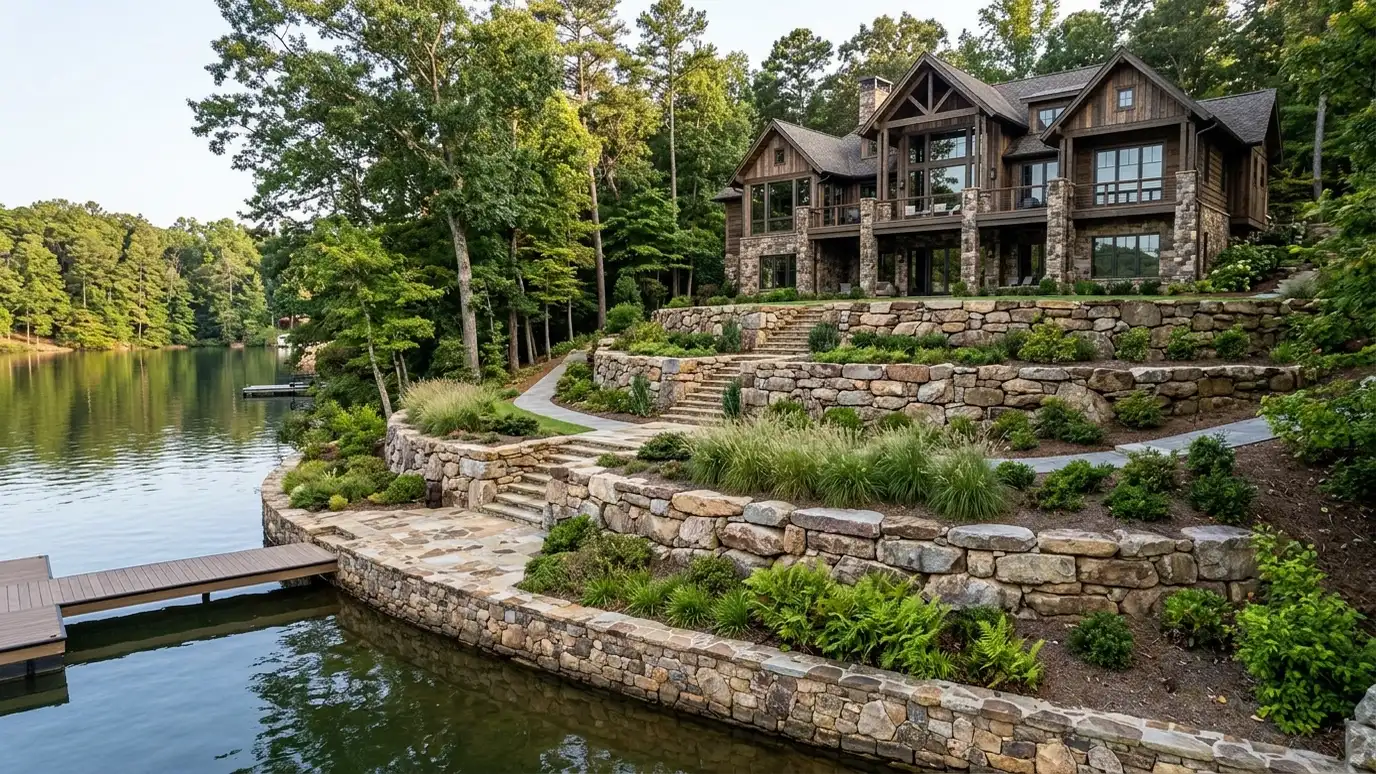 A beautiful terraced retaining wall landscape behind a Hendersonville, Tennessee home with a stone wall, plantings and a green lawn in warm light