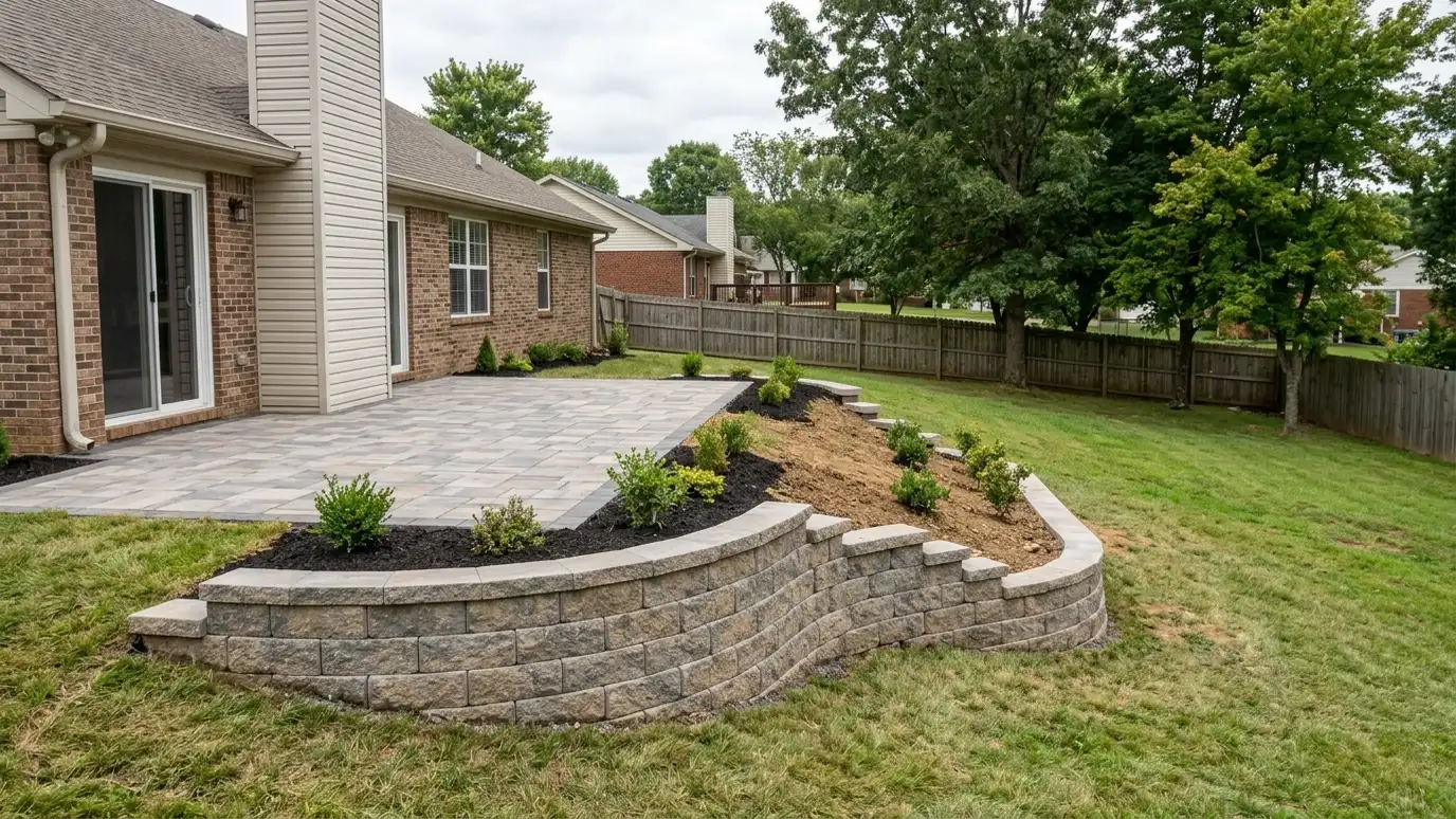 A beautiful terraced retaining wall landscape behind a La Vergne, Tennessee home with a stone wall, plantings and a green lawn in warm light