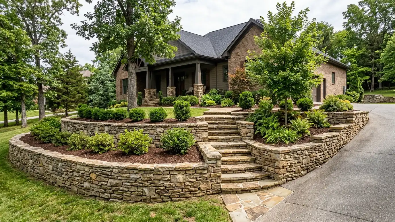 A beautiful terraced retaining wall landscape behind a Lebanon, Tennessee home with a stone wall, plantings and a green lawn in warm light
