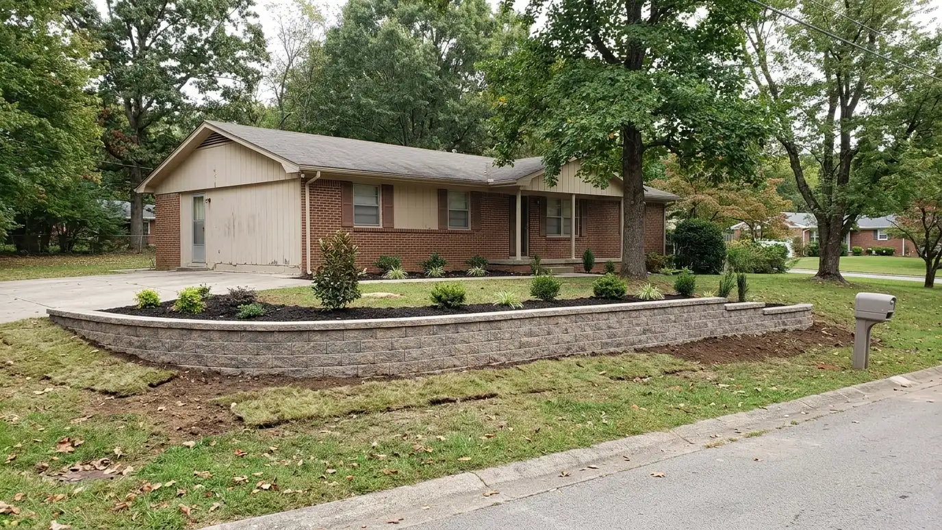 Retaining wall contractor in Madison, TN A beautiful terraced retaining wall landscape behind a Madison, Tennessee home with a stone wall, plantings and a green lawn in warm light