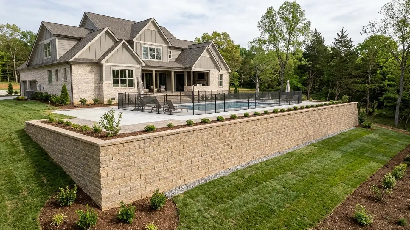 A beautiful terraced retaining wall landscape behind a Mt. Juliet, Tennessee home with a stone wall, plantings and a green lawn in warm light