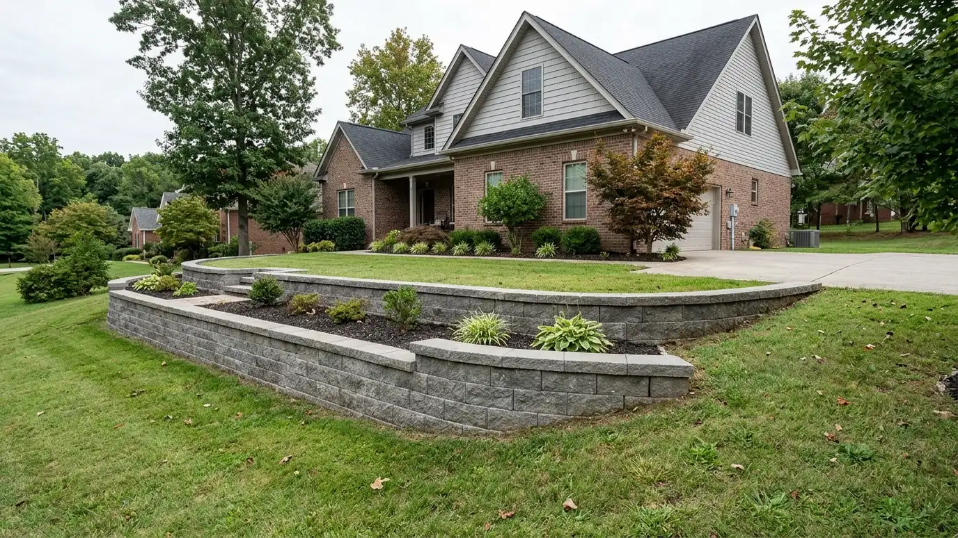 A beautiful terraced retaining wall landscape behind a Murfreesboro, Tennessee home with a stone wall, plantings and a green lawn in warm light