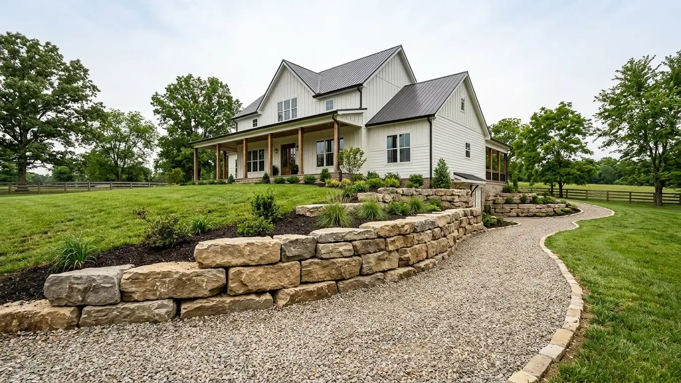 A beautiful terraced retaining wall landscape behind a Nolensville, Tennessee home with a stone wall, plantings and a green lawn in warm light