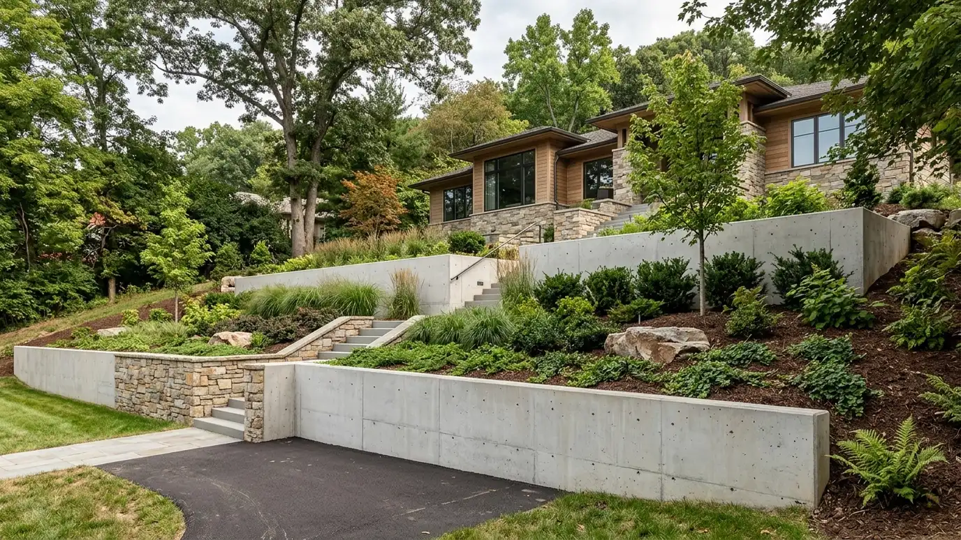 Retaining wall contractor in Oak Hill, TN A beautiful terraced retaining wall landscape behind a Oak Hill, Tennessee home with a stone wall, plantings and a green lawn in warm light