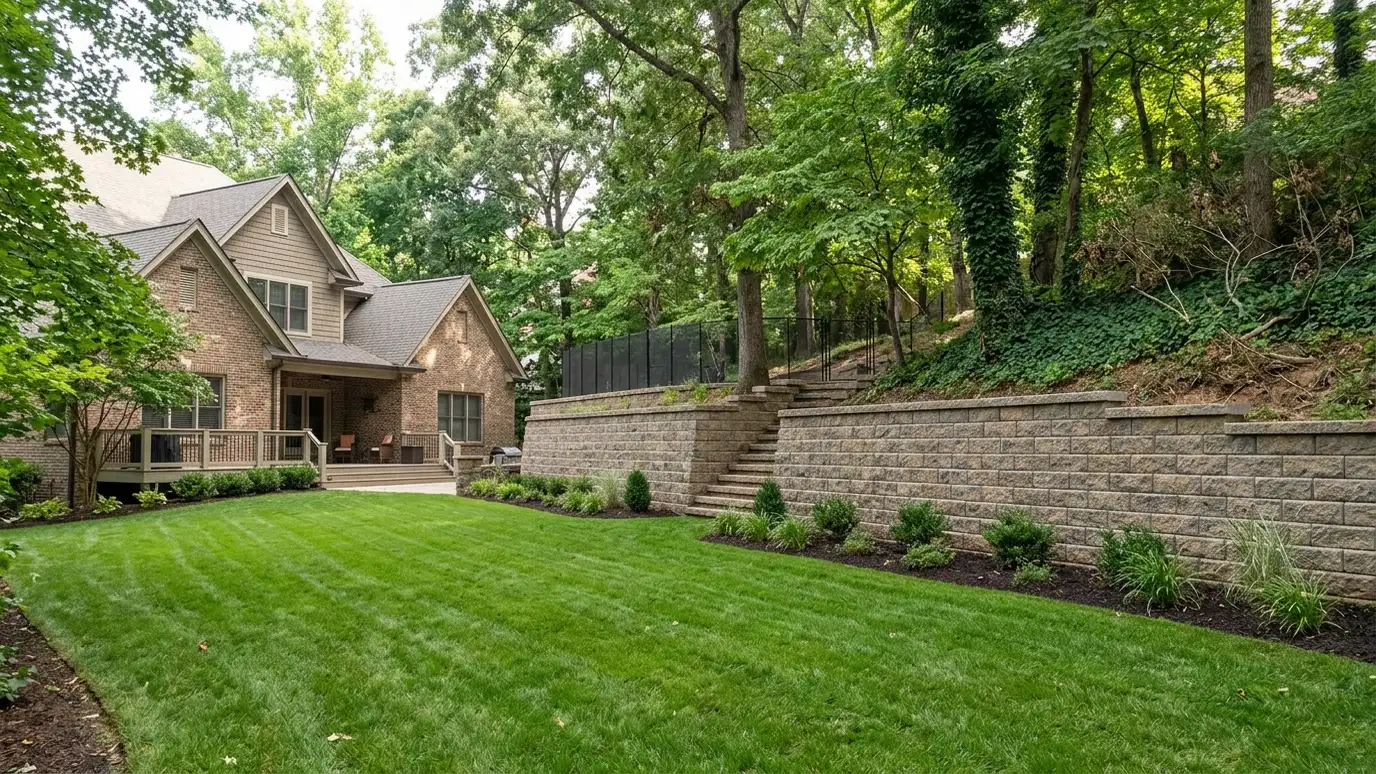 Retaining wall contractor in Old Hickory, TN A beautiful terraced retaining wall landscape behind a Old Hickory, Tennessee home with a stone wall, plantings and a green lawn in warm light