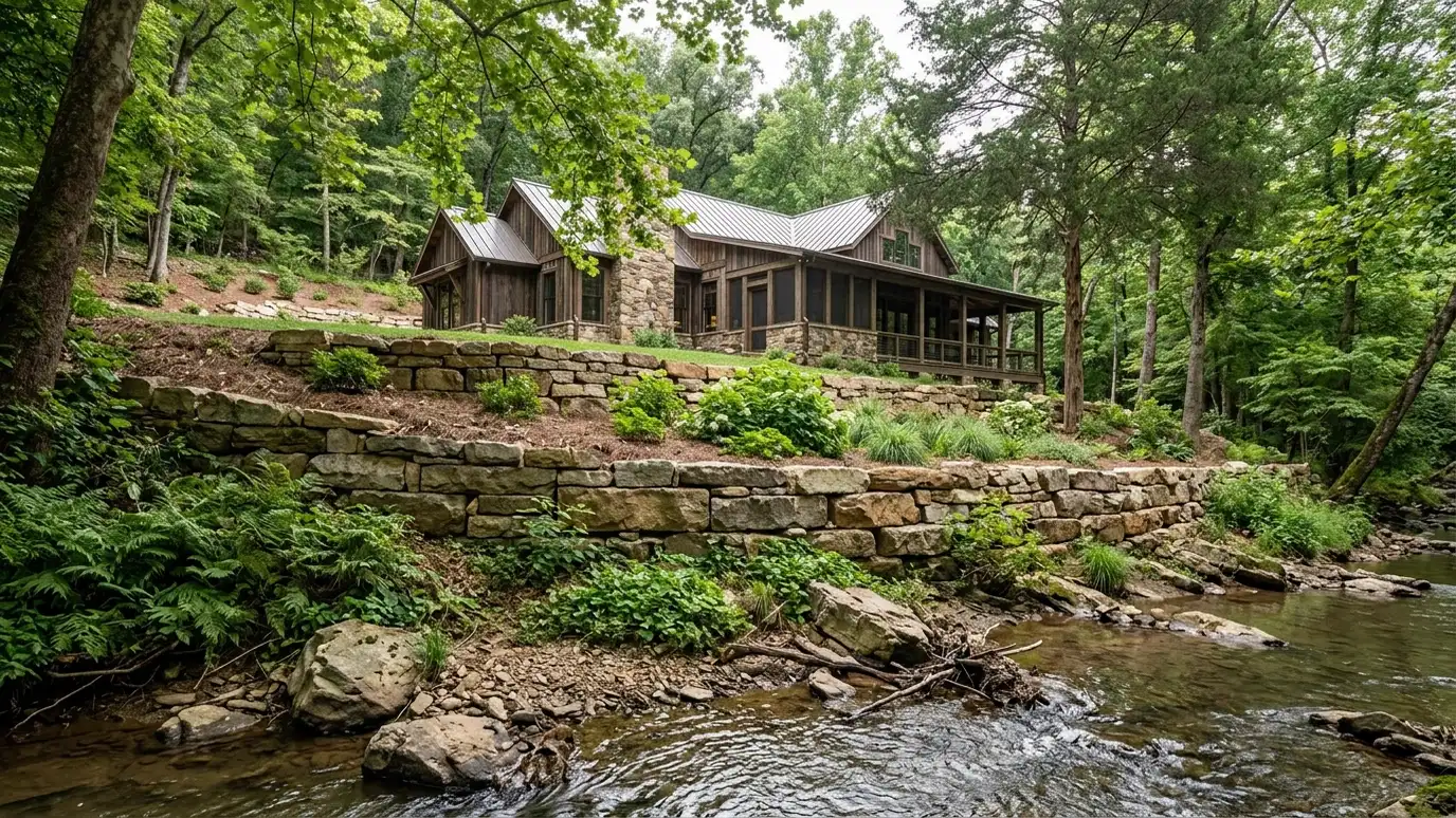 Retaining wall contractor in Pegram, TN A beautiful terraced retaining wall landscape behind a Pegram, Tennessee home with a stone wall, plantings and a green lawn in warm light