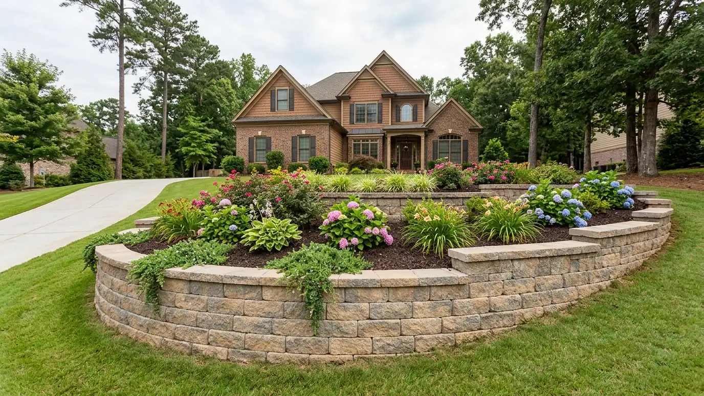 A beautiful terraced retaining wall landscape behind a Smyrna, Tennessee home with a stone wall, plantings and a green lawn in warm light