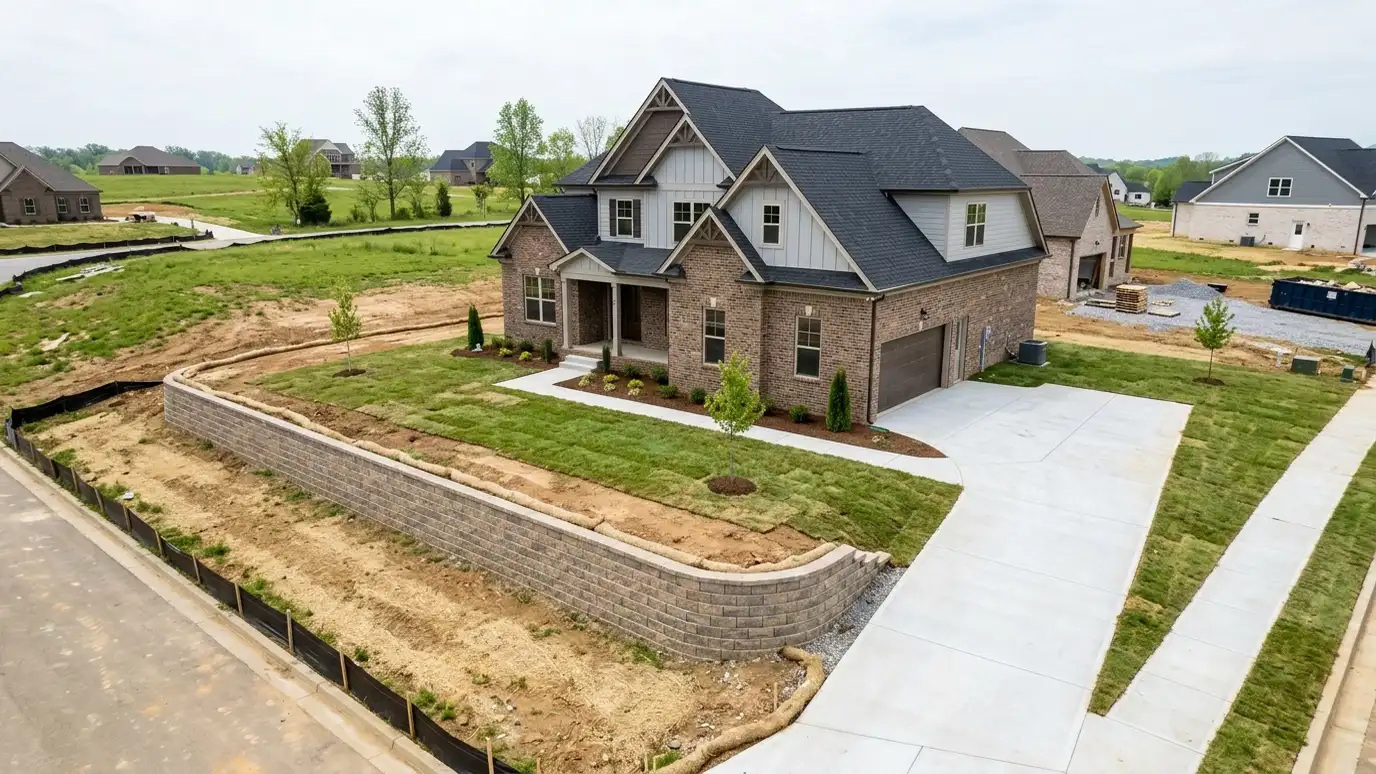 Retaining wall contractor in Spring Hill, TN A beautiful terraced retaining wall landscape behind a Spring Hill, Tennessee home with a stone wall, plantings and a green lawn in warm light