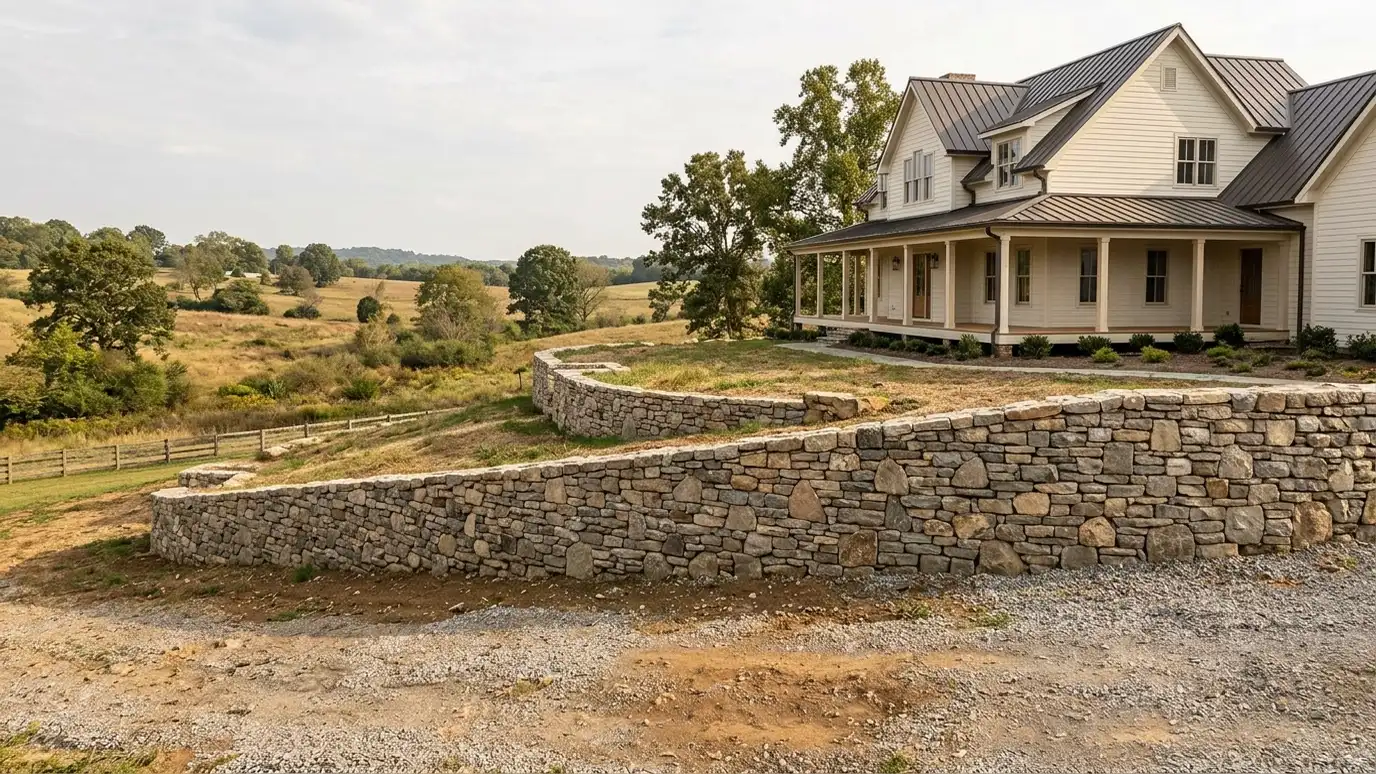 Retaining wall contractor in Thompsons Station, TN A beautiful terraced retaining wall landscape behind a Thompsons Station, Tennessee home with a stone wall, plantings and a green lawn in warm light
