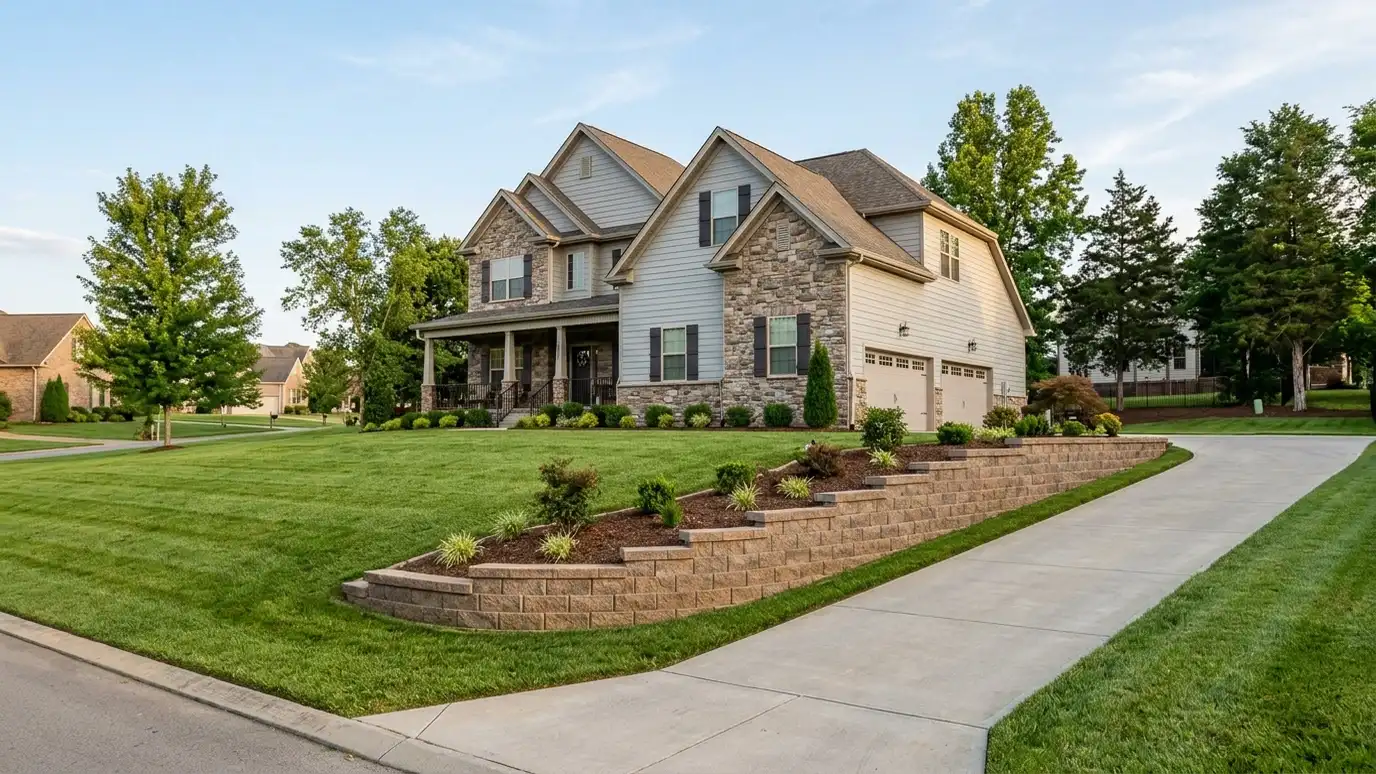 Retaining wall contractor in White House, TN A beautiful terraced retaining wall landscape behind a White House, Tennessee home with a stone wall, plantings and a green lawn in warm light