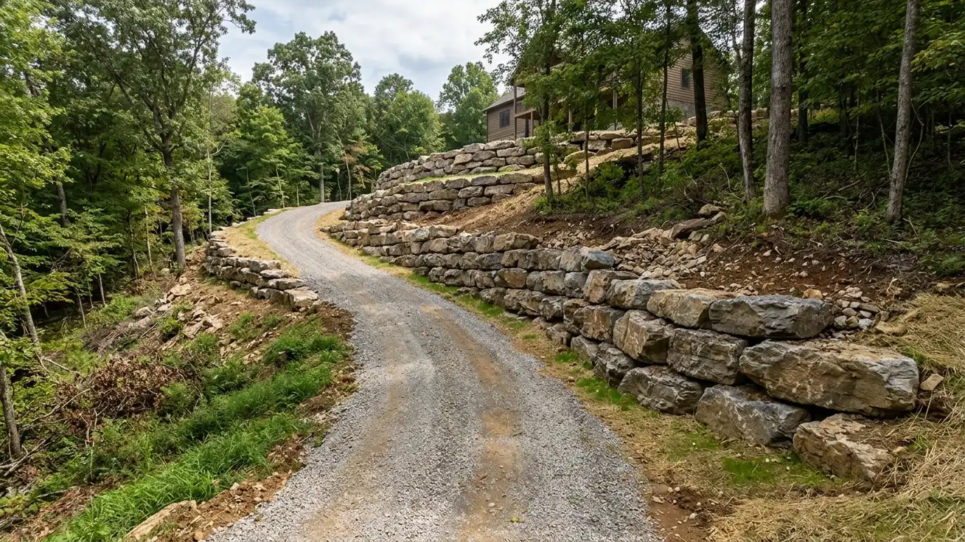 Retaining wall contractor in Whites Creek, TN A beautiful terraced retaining wall landscape behind a Whites Creek, Tennessee home with a stone wall, plantings and a green lawn in warm light