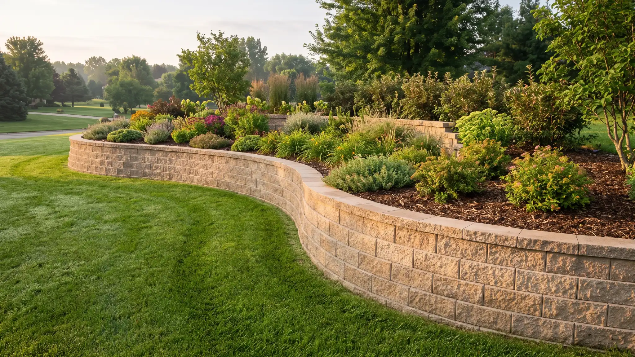 Curved block walls | Music City Retaining Walls A sweeping curved tan segmental block retaining wall with a layered planting bed and a lawn in soft morning light