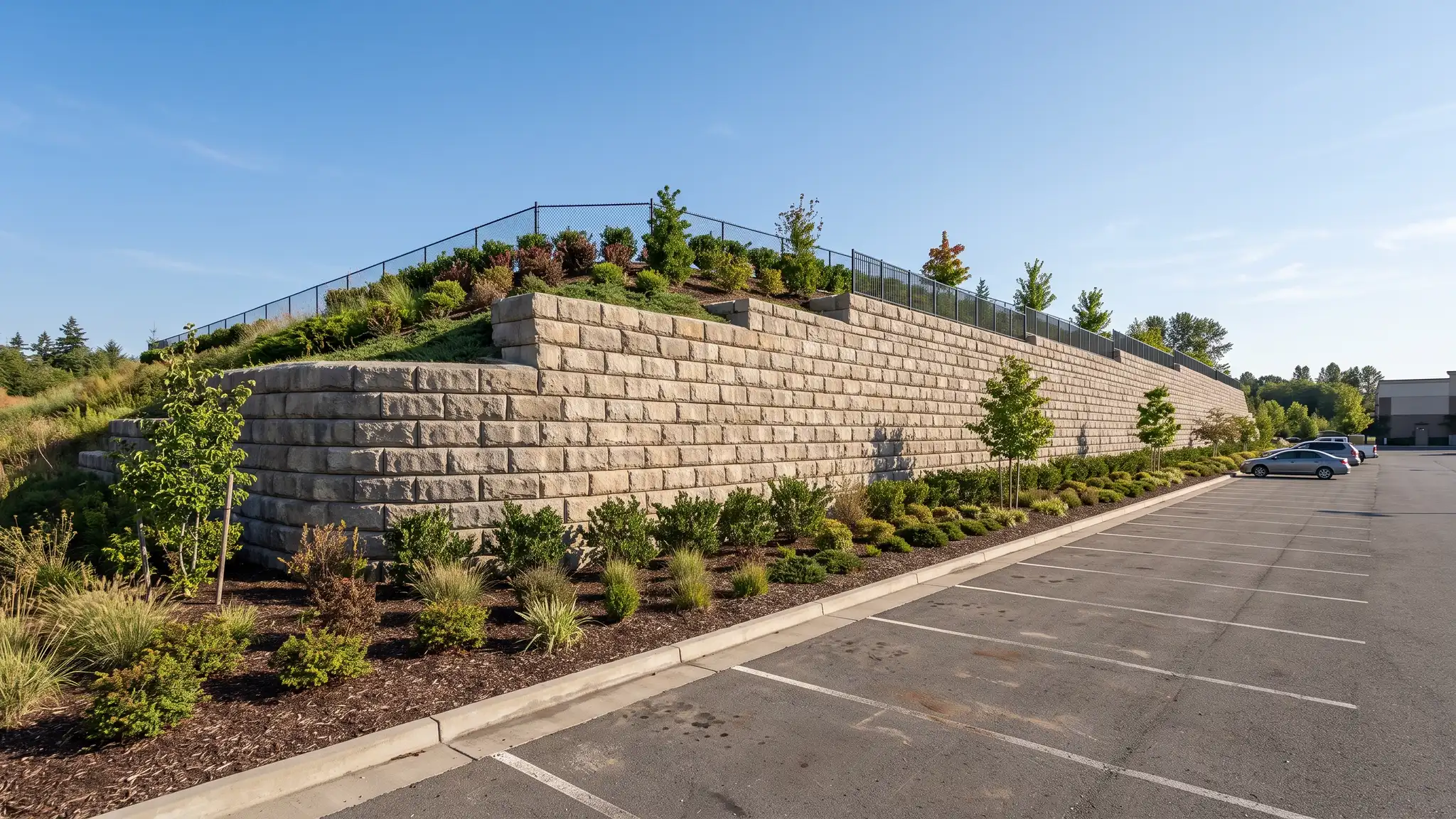 Commercial and engineered | Music City Retaining Walls A large engineered block retaining wall along a commercial parking area with landscaping and a clear sky