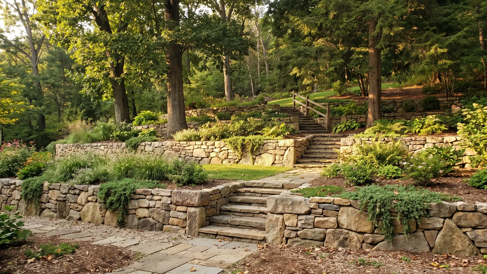 Hillside tiers and steps | Music City Retaining Walls A hillside backyard shaped into multi-tier stone retaining walls with stone steps and mature trees in warm light