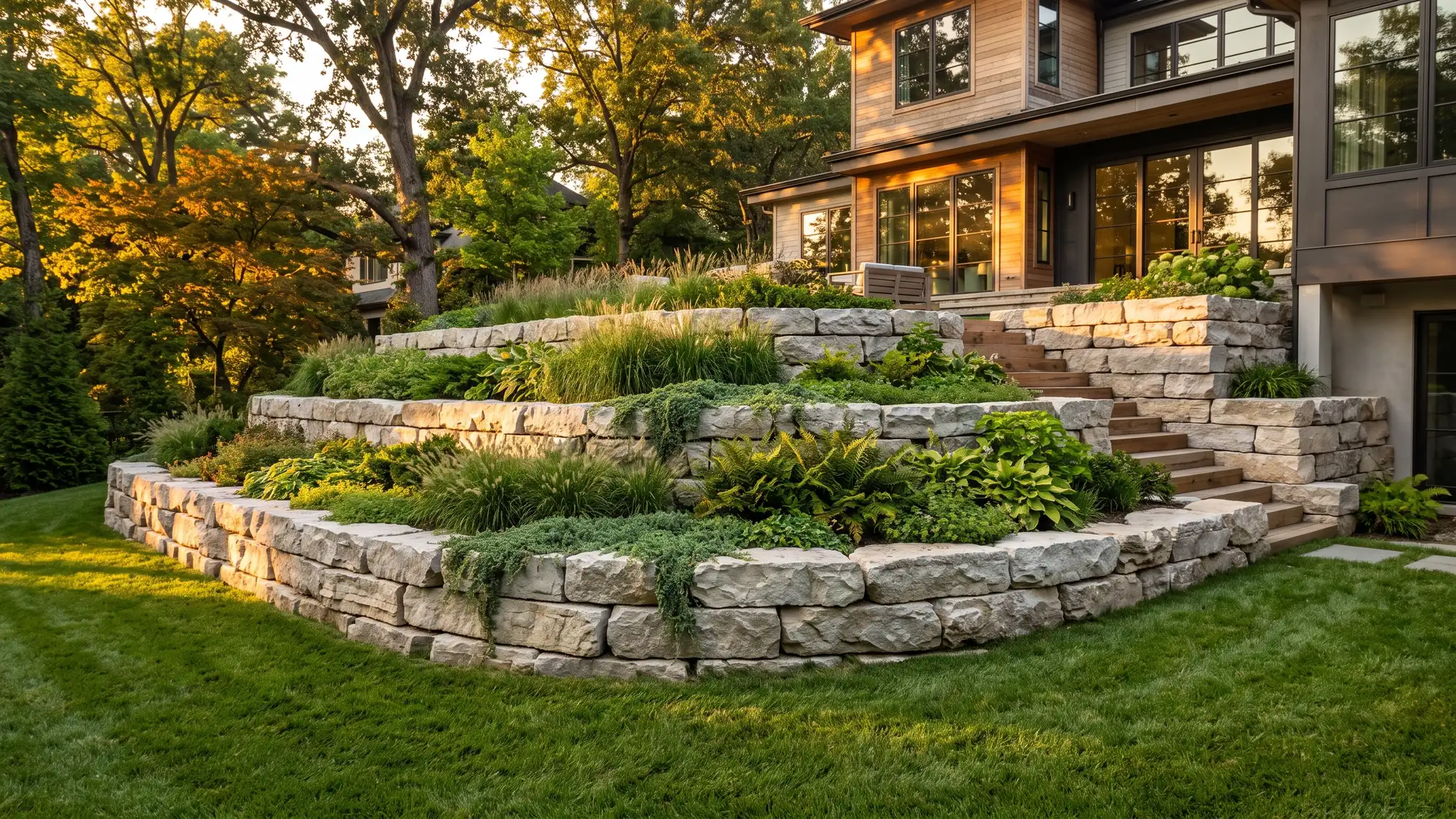 Music City Retaining Walls | Nashville, TN A beautiful terraced natural limestone retaining wall landscape behind a modern Nashville home at golden hour with lush plantings and a green lawn