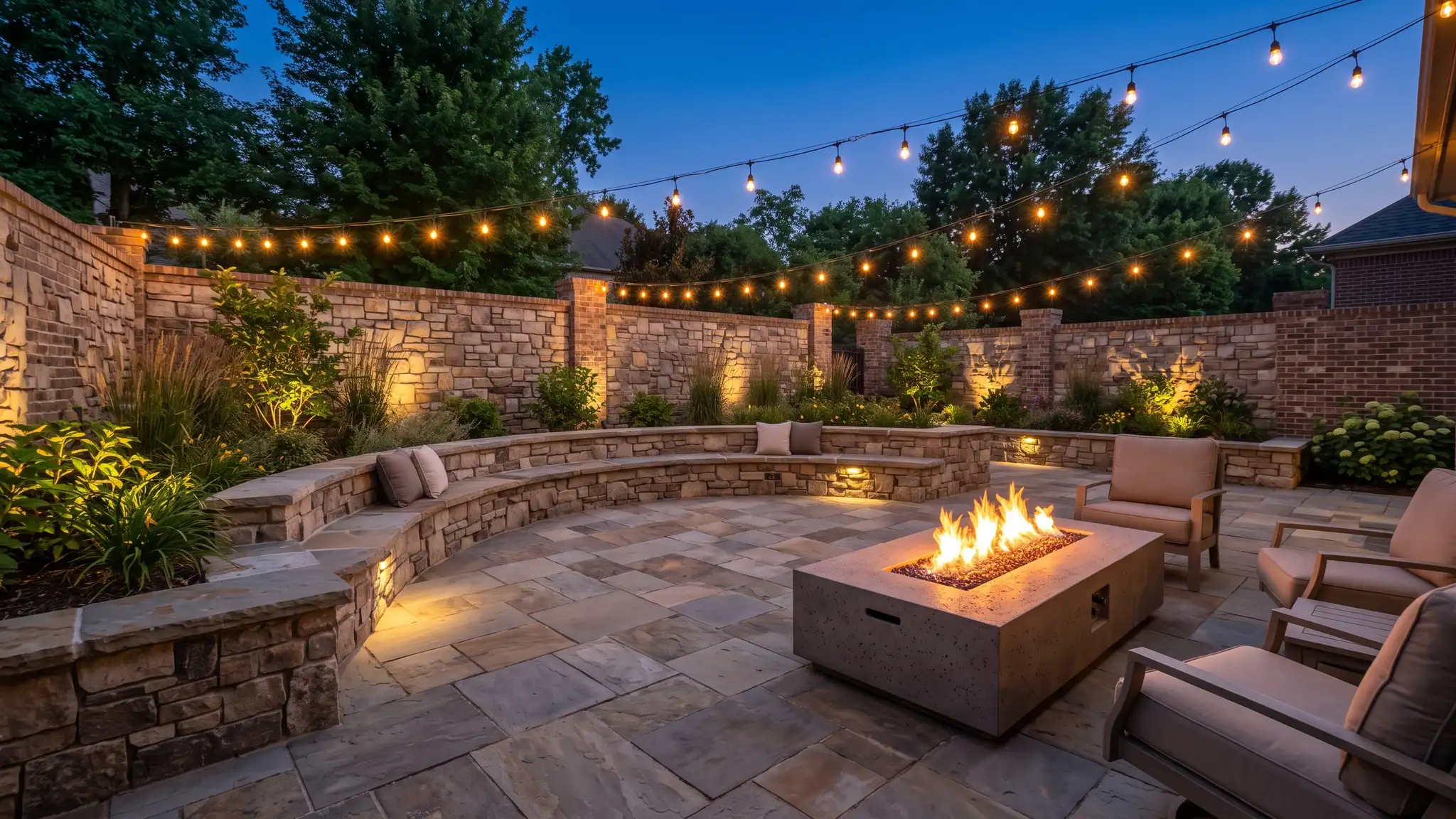 Patios and seat walls | Music City Retaining Walls A walled outdoor living area with a stone seat wall, a paver patio and a fire table at dusk with string lights