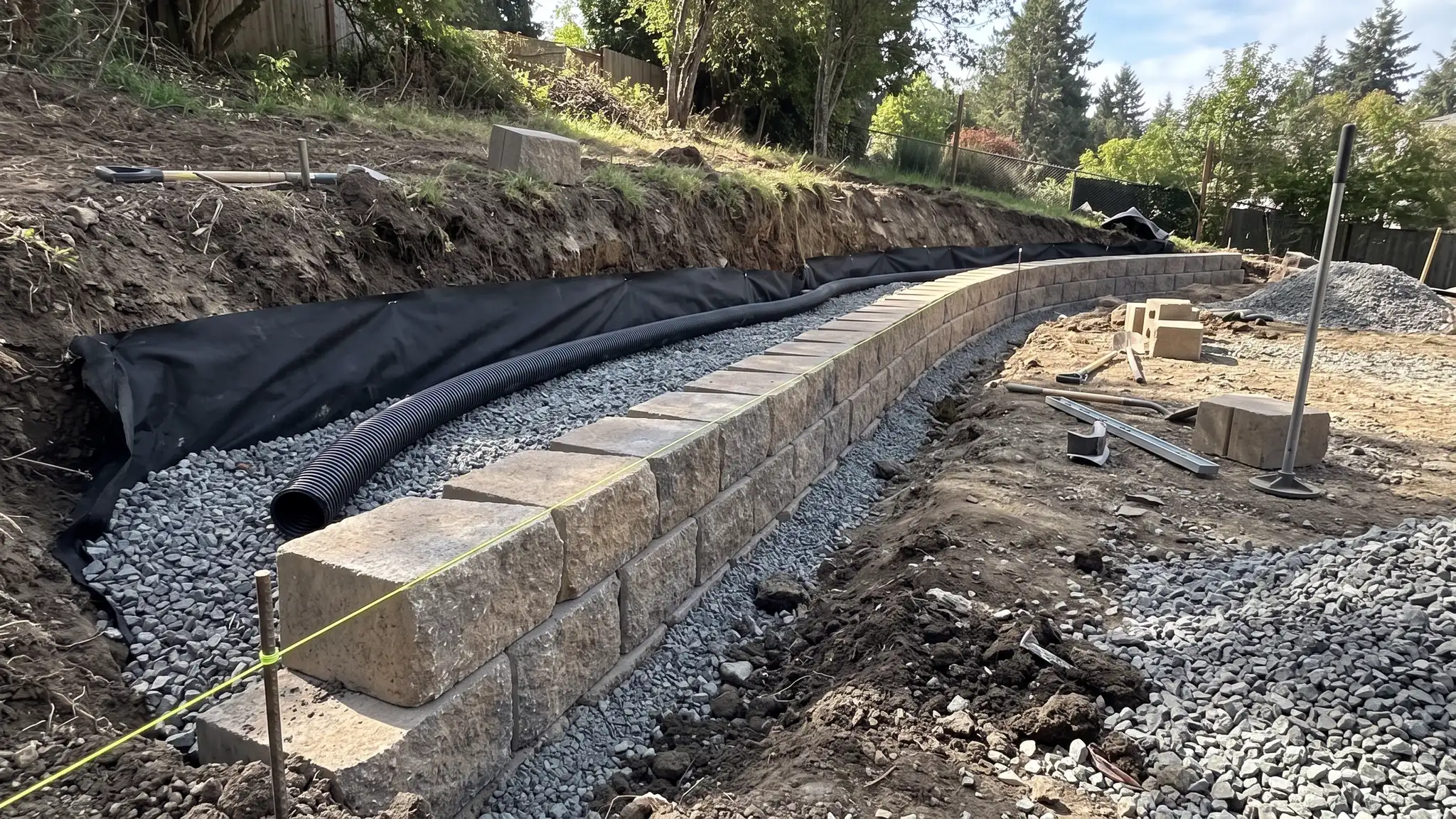 Built from the base up | Music City Retaining Walls A retaining wall construction site with a neat gravel base, perforated drain pipe and the first courses of block laid with string lines under a bright sky