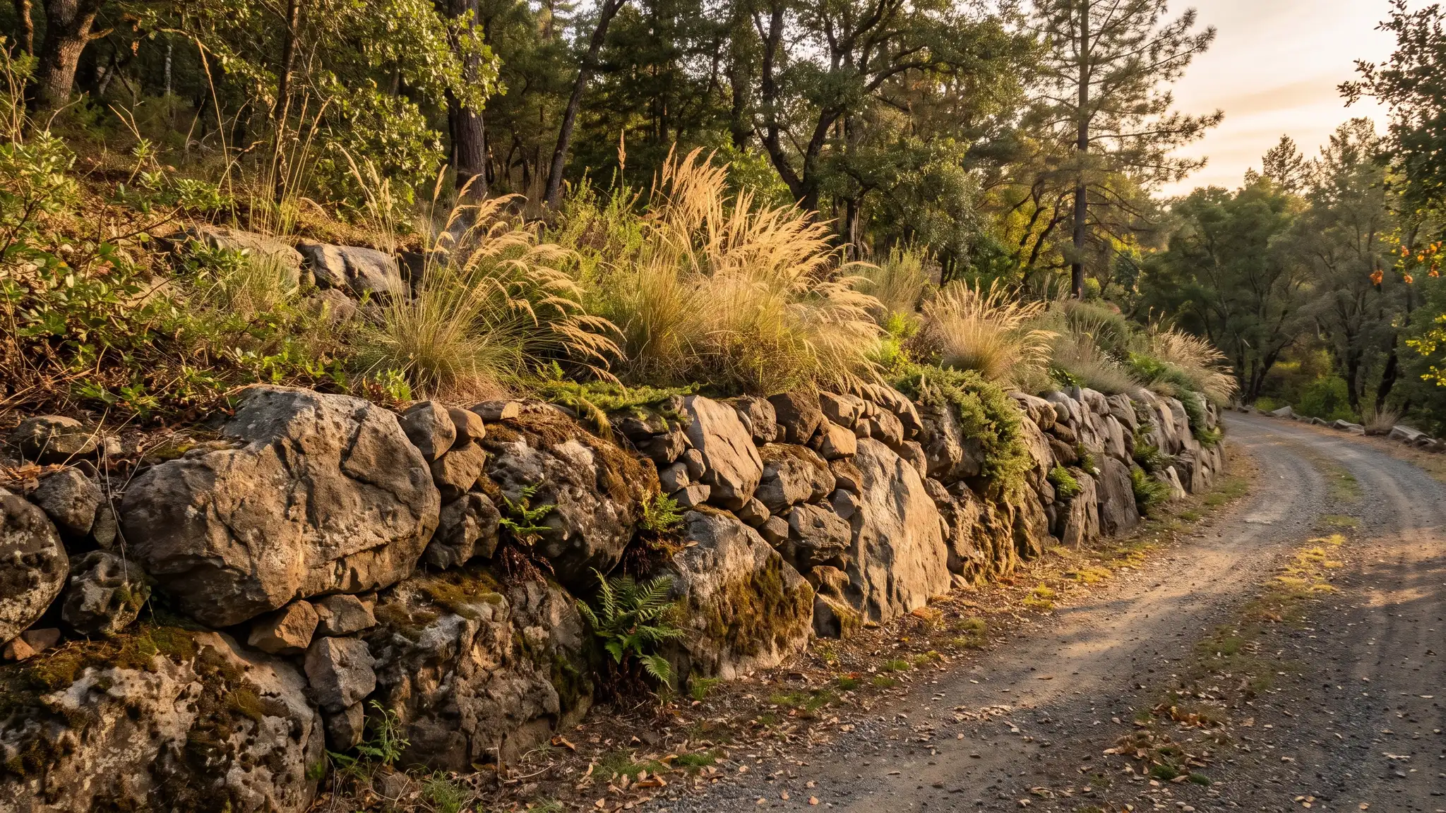 Boulder and stone walls | Music City Retaining Walls A natural boulder and stone retaining wall along a driveway with native grasses in warm evening light