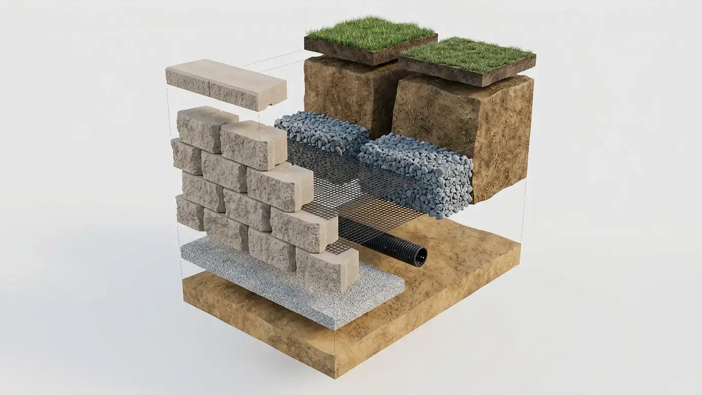 A clean illustrated isometric exploded cross-section of a segmental block retaining wall showing the compacted base, gravel, blocks, geogrid layers, drain pipe, backfill and cap floating apart in soft colors