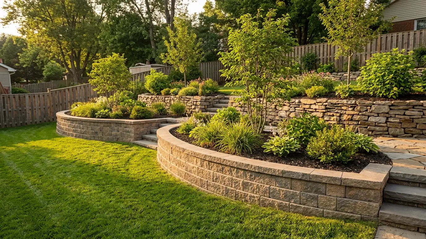 Retaining wall gallery | Music City Retaining Walls A finished terraced backyard with a curved block retaining wall, a stone wall and a lawn in golden light