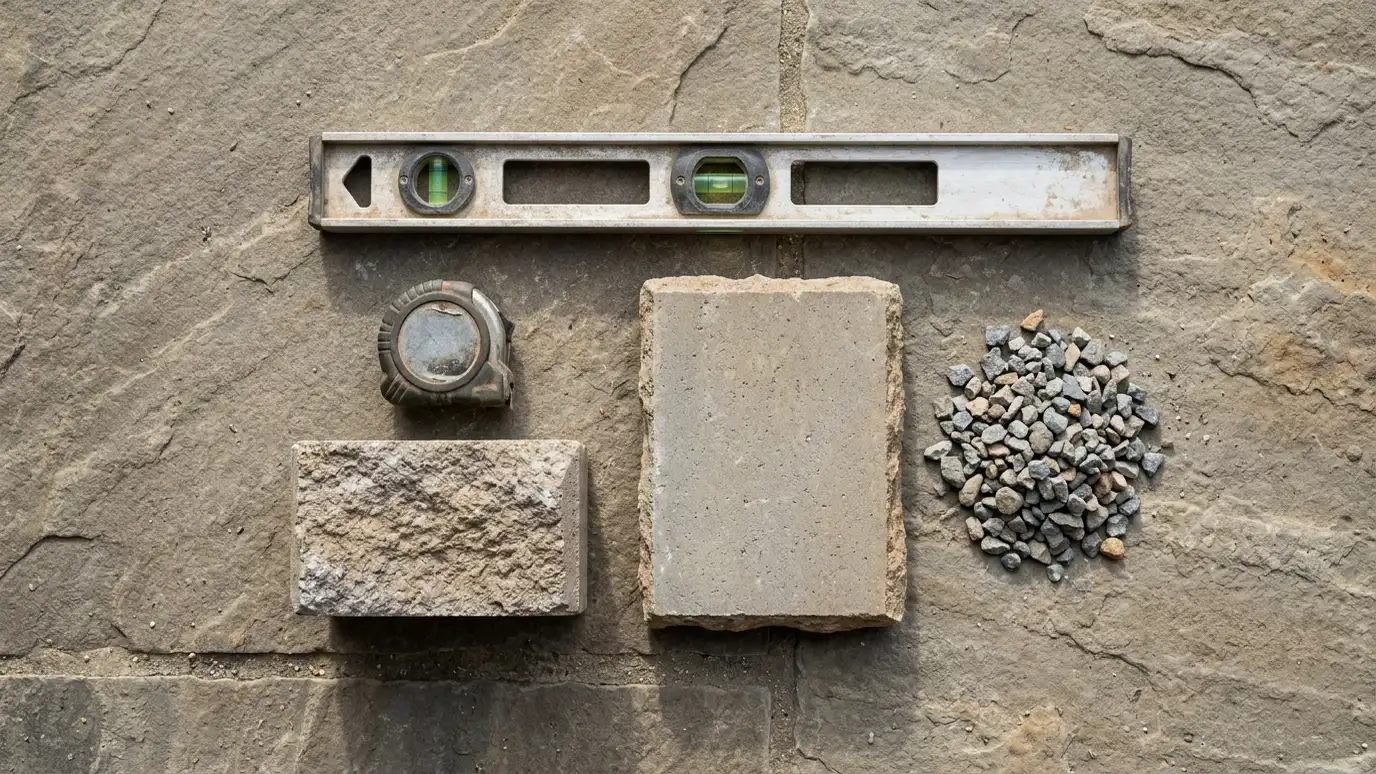 Retaining wall services | Music City Retaining Walls A neat flat lay of retaining wall tools and samples on a stone surface: a level, a tape measure, a small block, a wall cap and a handful of gravel