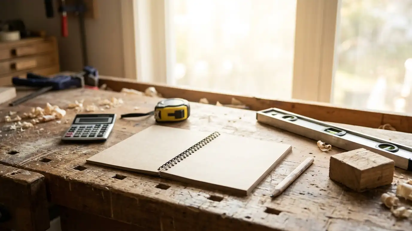 Retaining wall tools and calculators | Music City Retaining Walls A workbench with an open blank notebook, a calculator, a tape measure, a level and a small block with a bright window behind