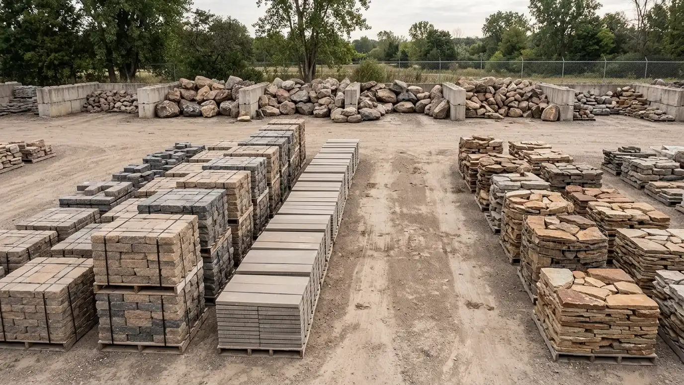 Retaining wall resource guides | Music City Retaining Walls A tidy stone yard with neat pallets and stacks of different retaining wall materials: segmental block, natural stone, boulders and wall caps
